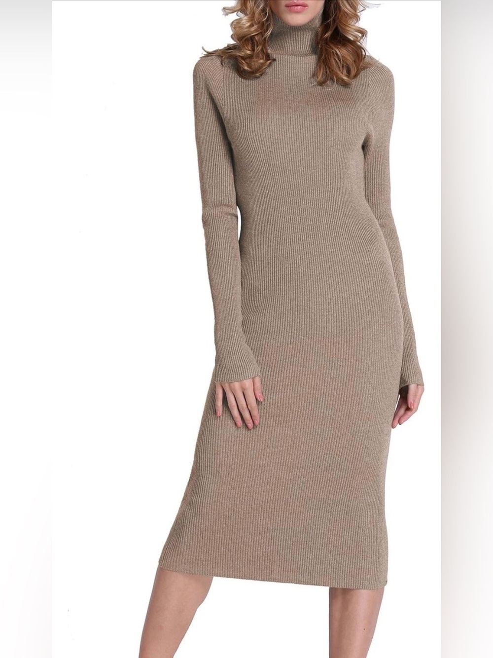 Rocorose Long Sleeve Turtleneck Ribbed Knit Bodycon Midi Dress - Taupe, Size L